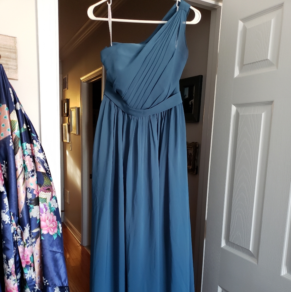 One-shoulder, full-length bridesmaid dress